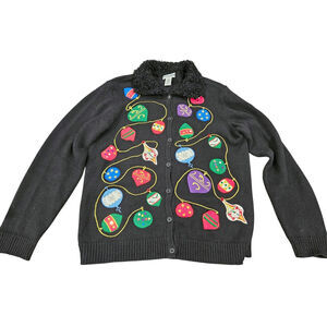 Vintage Investments Christmas Sweater Cardigan Black Ornaments Embroidered M